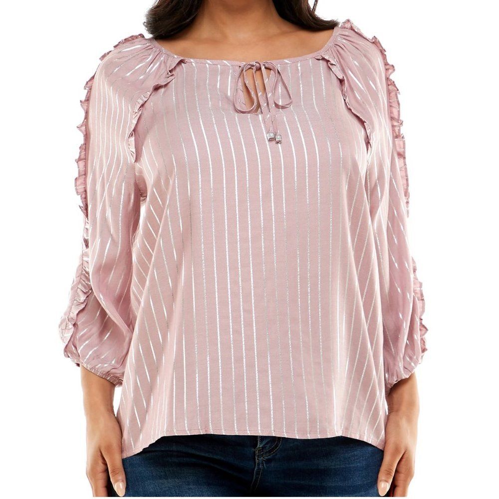 NWT Adrienne Vittadini Long Sleeve Top Raglan Ruffle Metallic Stripes